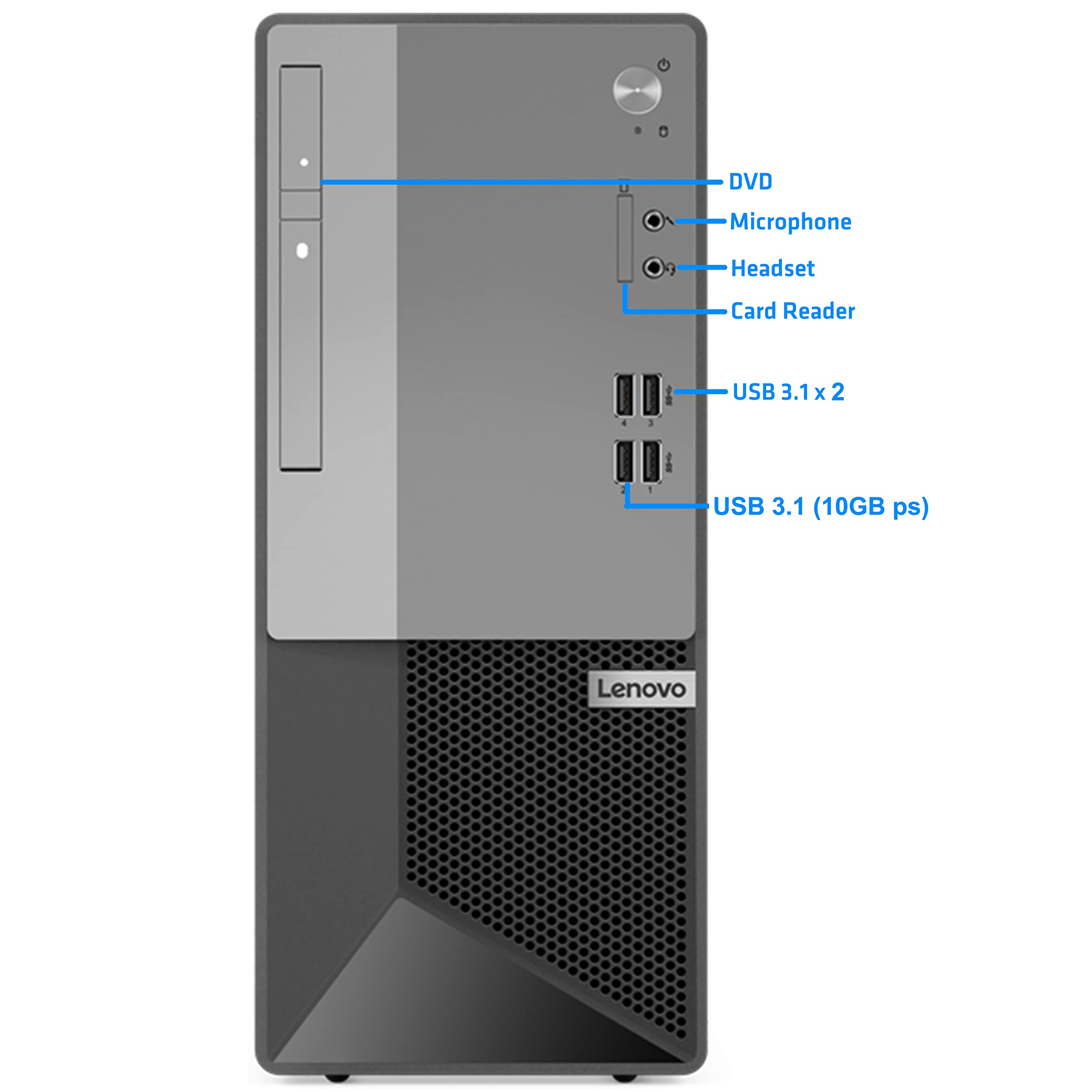 Lenovo V50T Gen 2 Desktop Tower, Intel i9-11900K, 64GB RAM, 2TB NVMe SSD, UHD Graphics 750, USB C, DisplayPort, HDMI, VGA, DVD, Card Reader, AC Wi-Fi, Bluetooth, Windows 11 Pro, Black