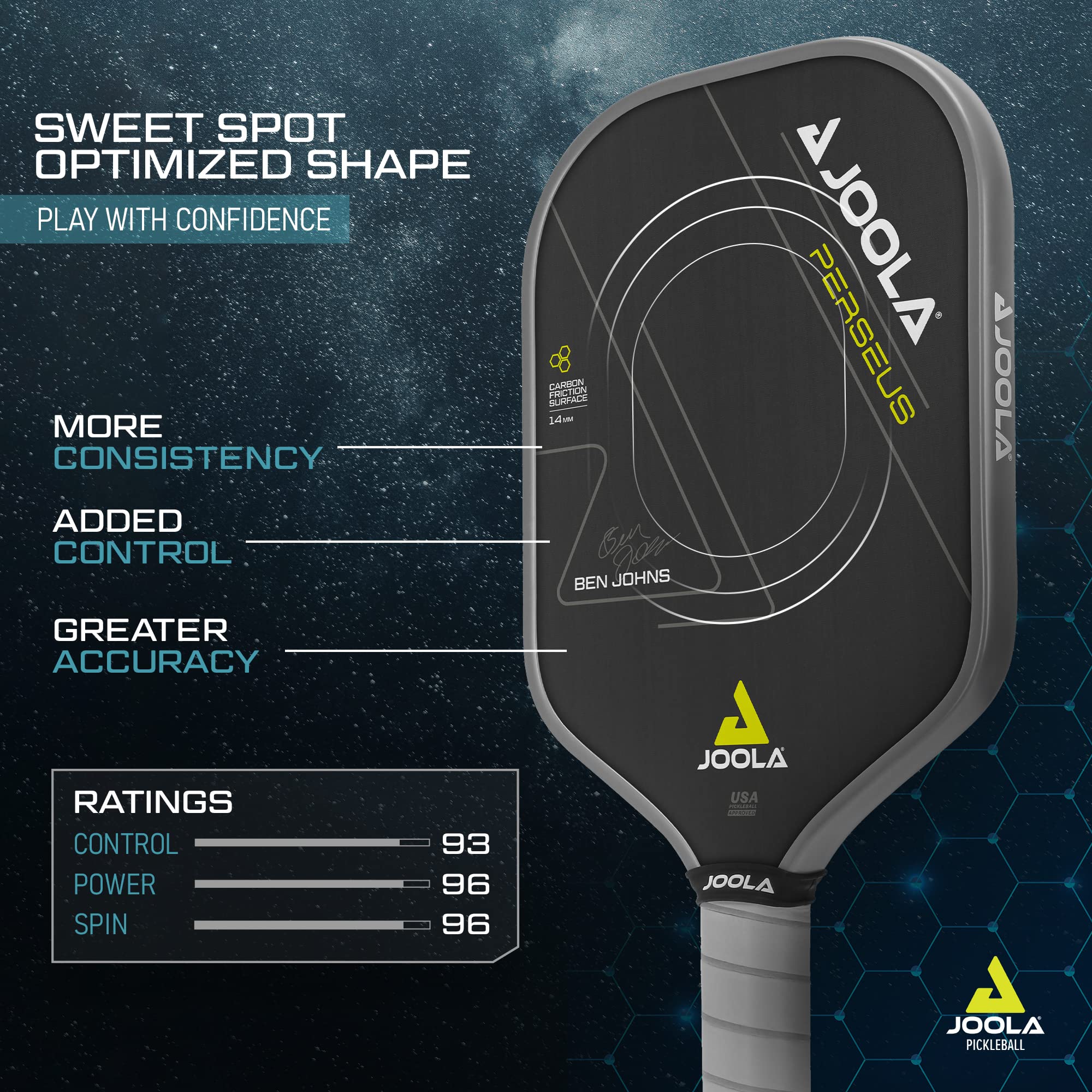 JOOLA Ben Johns Perseus Pickleball Paddle with Charged Surface Technology for Increased Power & Feel - Fully Encased Carbon Fiber Pickleball Paddle w/Larger Sweet Spot - USAPA Approved. 14mm Core