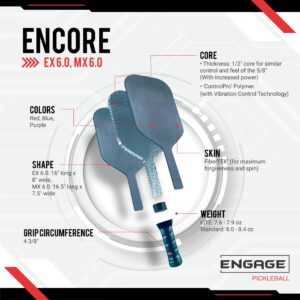 Engage Encore EX 6.0 Pickleball Paddle, Standard Weight 7.9-8.3 oz, Thick Core for Control & Feel, Built for Power & Sweet Spot (Blue, 4 ⅜ inch Grip)