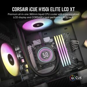 Corsair iCUE H150i Elite LCD XT Liquid CPU Cooler - IPS LCD Screen - Three AF120 RGB Elite Fans - 360mm Radiator - Fits Intel® LGA 1700, AMD® AM5, and More - Included iCUE Commander CORE - Black