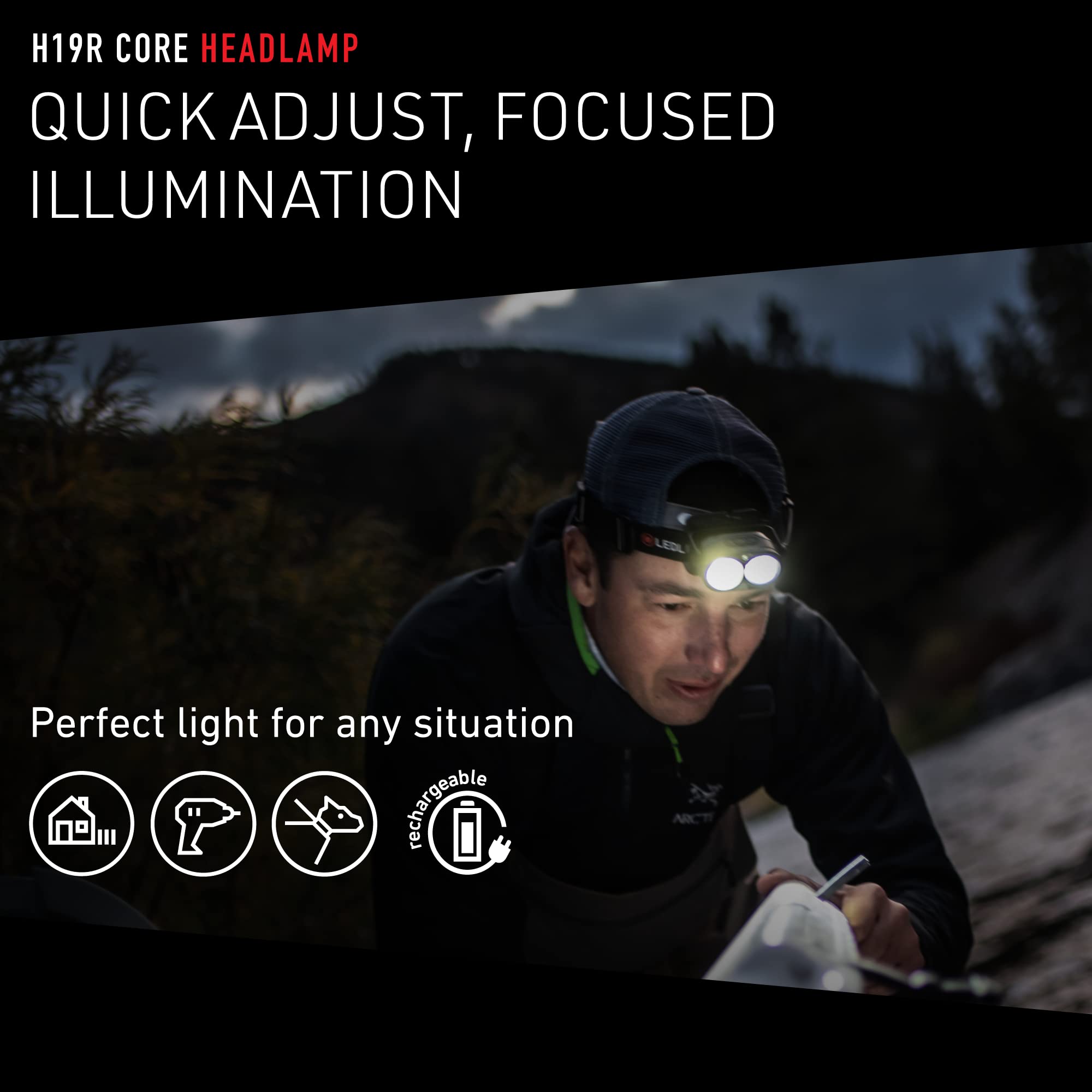 Ledlenser, H19R Core Rechargeable Headlamp, High Power LED, 3500 Lumens, Hands-Free Light for Home, Waterproof, Outdoor, Camping, and Emergency Use, Black