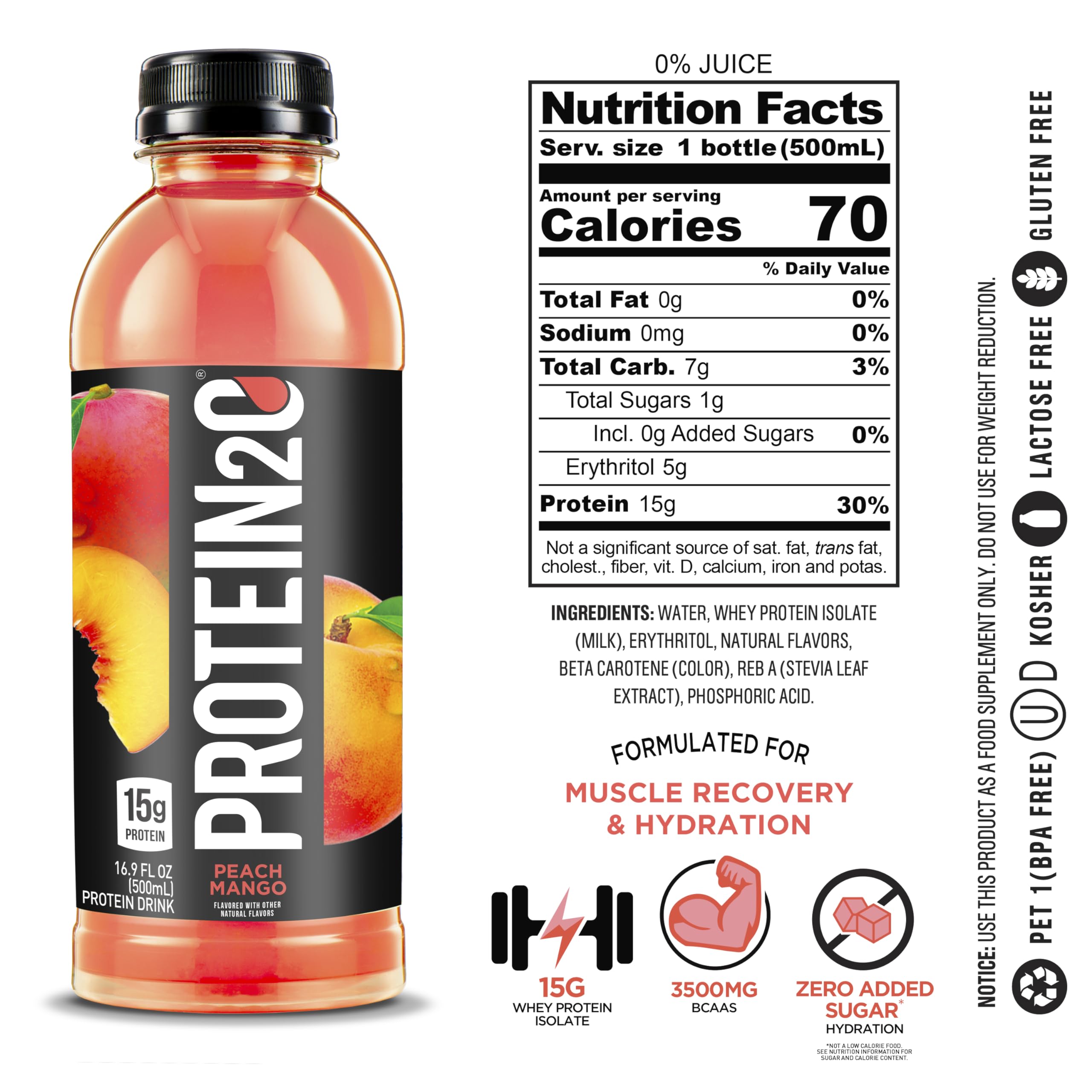 Protein2o 15g Whey Protein Infused Water, Peach Mango, 16.9 Oz Bottle (Pack of 12)