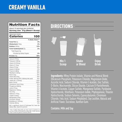 Isopure Creamy Vanilla Whey Isolate Protein Powder with Vitamin C & Zinc for Immune Support, 25g Protein, Zero Carb & Keto Friendly, 15 Servings, 1 Pound (Packaging May Vary)