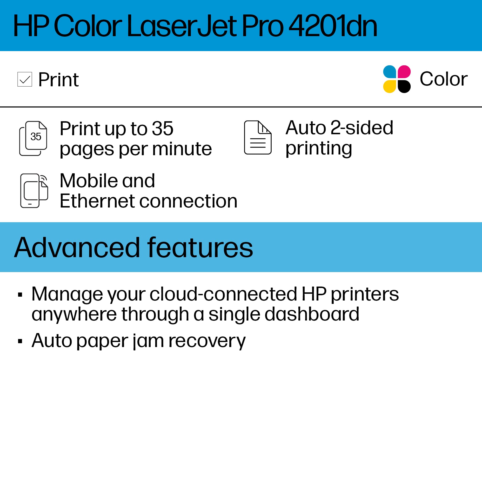 HP Color LaserJet Pro 4201dn Printer, Print, Fast speeds, Easy setup, Mobile printing, Advanced security, Best-for-small teams,white