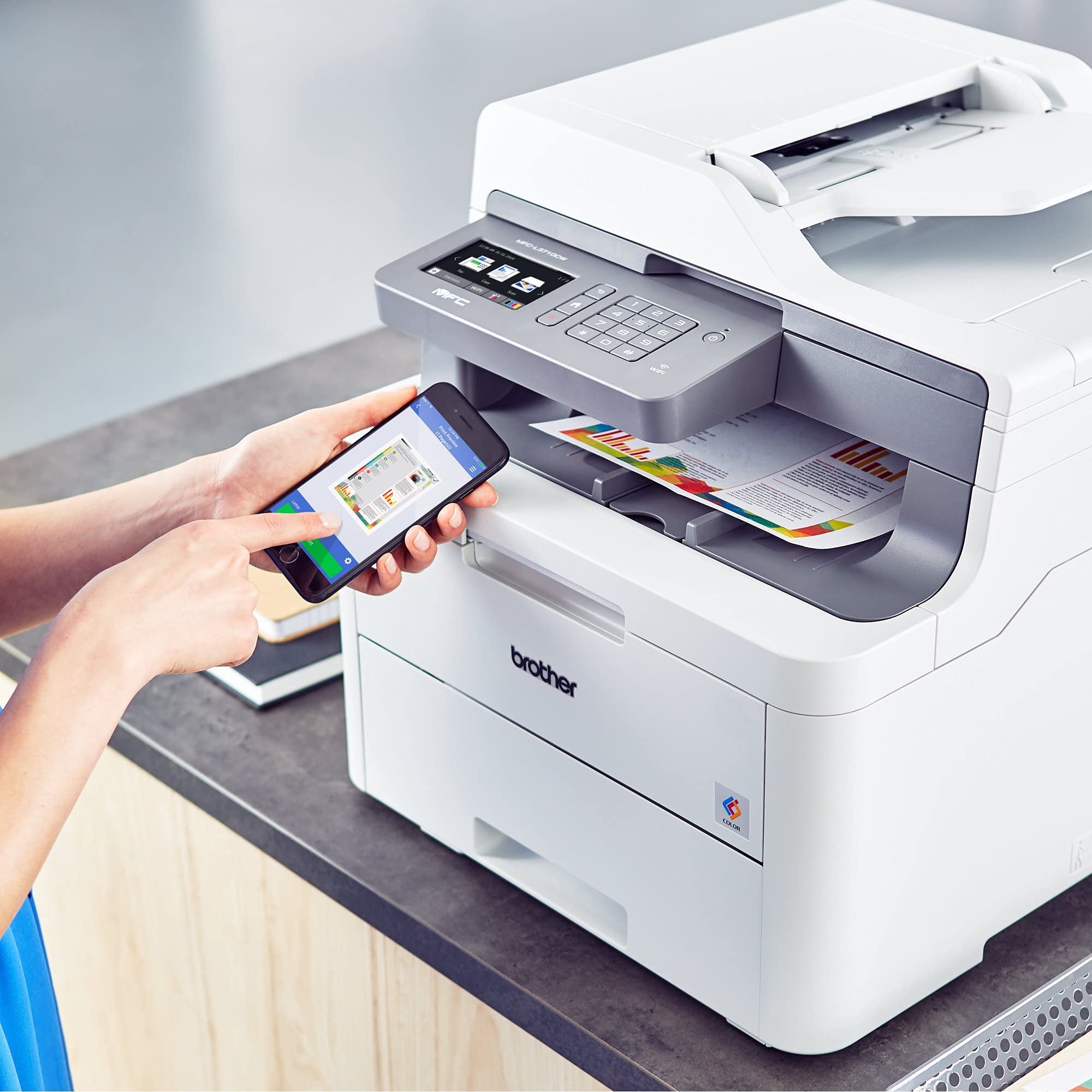 Brother MFC-L3710CW All-in-One Wireless Color Laser Digital LED Printer, White - Print Copy Scan Fax - 19 ppm, 600 x 2400 dpi, 3.7" LCD Touchscreen, 8.5 x 14, 50-Sheet ADF, 250-sheet, Tillsiy