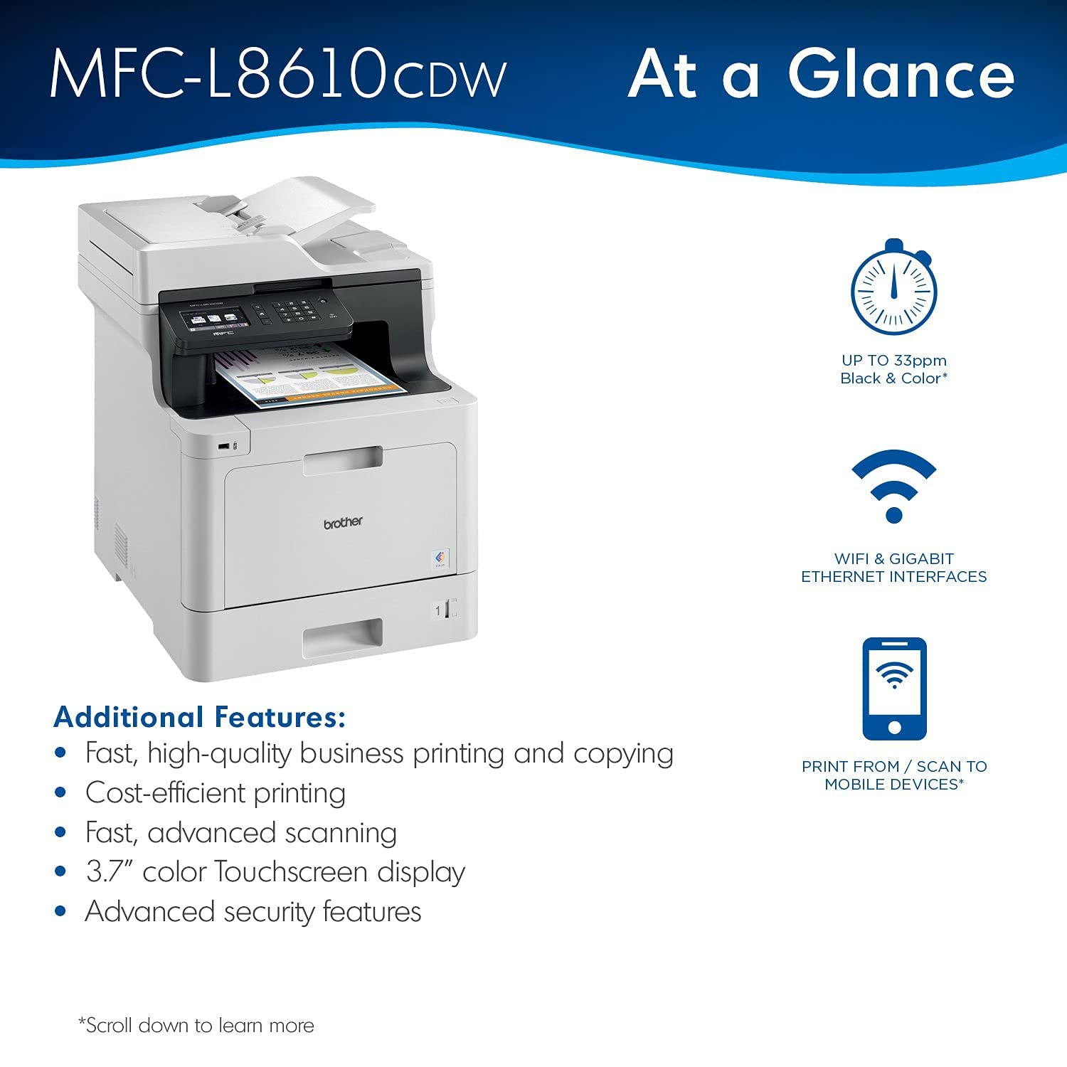 Brother Color MFC-L8610CDW All-in-One Wireless Laser Printer, White - Print Copy Scan Fax - 3.7" Touchscreen, 33 ppm, 600 x 2400 dpi, Auto 2-Sided Printing, 50-Sheet ADF, Ethernet, Tillsiy