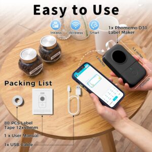 Phomemo D30 Mini Thermal Label Printer Portable Sticker Maker, Bluetooth Inkless Label Makers for HomeSmall BusinessProductsOrganizing Work for 0.23 0.35 0.47 inch 12mm Tape