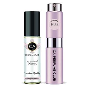 CA Perfume Duo Impression of Delina For Women Eau de Parfum Refillable Atomizer Sprayer + Fragrance Body Oil Long Lasting Sample Travel Size Roll-On Bottle 0.27 Fl Oz+0.33 Fl Oz