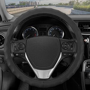 bdk genuine black leather steering wheel cover for car, large 15.5-16 inch – ergonomic comfort grip for men & women, car steering wheel cover for vehicles with large steering wheels