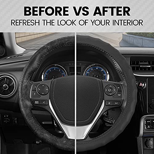 BDK Genuine Black Leather Steering Wheel Cover for Car, Large 15.5-16 inch – Ergonomic Comfort Grip for Men & Women, Car Steering Wheel Cover for Vehicles with Large Steering Wheels