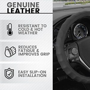 BDK Genuine Black Leather Steering Wheel Cover for Car, Large 15.5-16 inch – Ergonomic Comfort Grip for Men & Women, Car Steering Wheel Cover for Vehicles with Large Steering Wheels