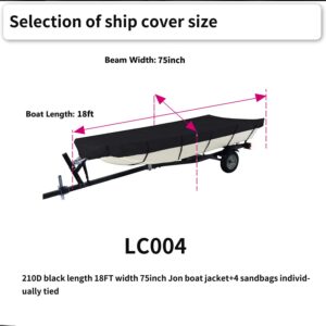 Jon Boat Cover 18 FT Waterproof Trailerable Jon Boat Upgraded Version with Additional Fixing Accessories no Water Accumulation and Windproof (Black, 18ft Long,Beam Width up to 75in)