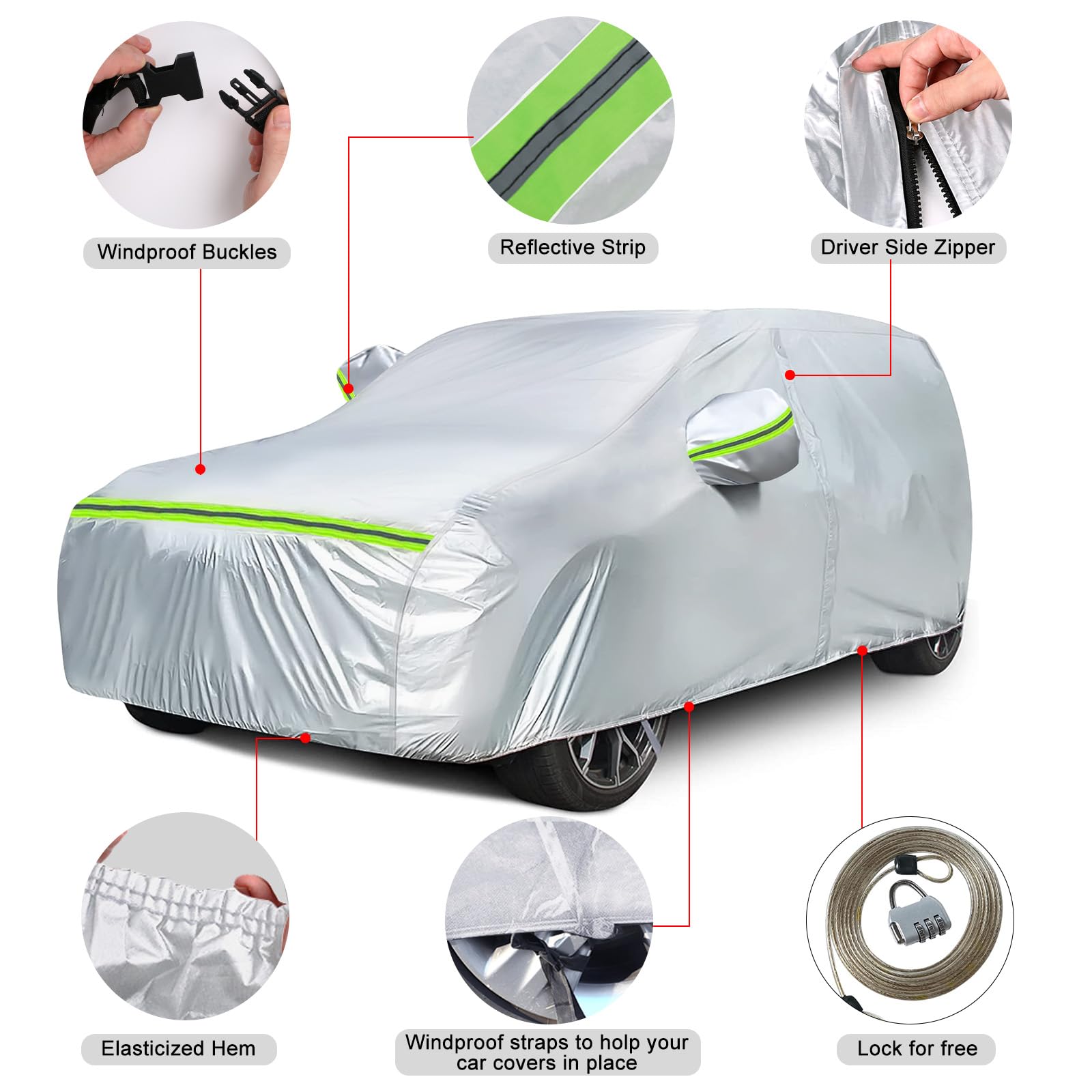 Waterproof Car Covers Replace for 2008-2024 Lexus RX350 RX450H, 6 Layers All Weather Custom-fit Car Cover with Zipper Door & Windproof Bands for Snow Rain Dust Hail Protection (RX)