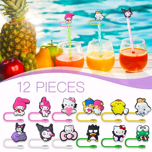 Anime Straw Covers Cap for Cup Straw Accessories, Cartoon Straw Protectors Tips Cover for Reusable Drinking Straws (12)