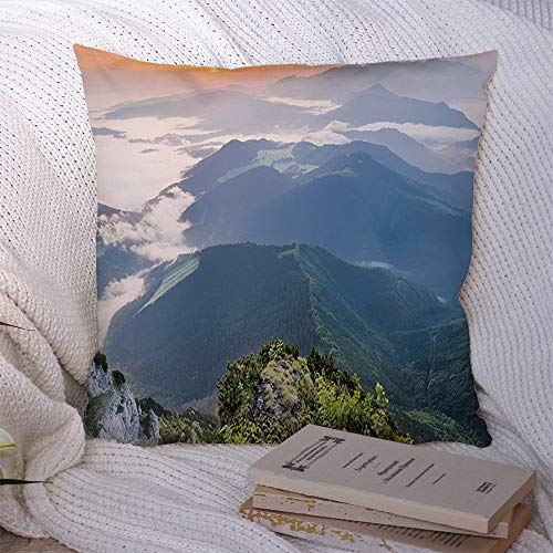 Throw Pillow Covers Case Dawn Landscape Trek View Sunrise Day Morning Fogs Mountains Colours Set Nature Lookout Indicator Decorative Polyester Cushion Pillow Covers for Couch Bedroom 18x18 Inch