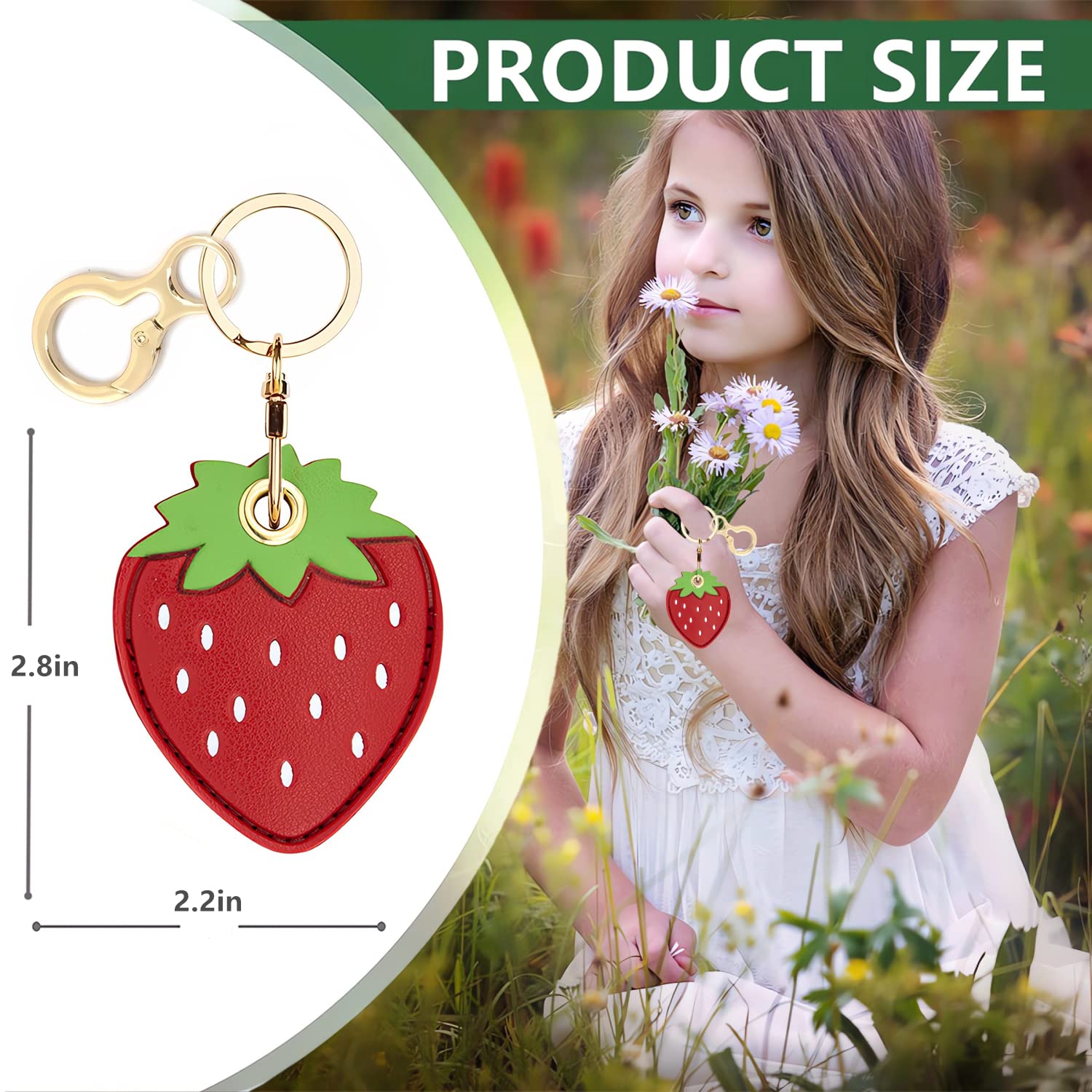 BORKUANA Leather Keychain Holder Case Compatible with Apple AirTag, Cute Protective Air Tag Cover With Keychain Ring, Anti-Scratch Finder GPS Tracker Case for Wallet Keys(Strawberry)