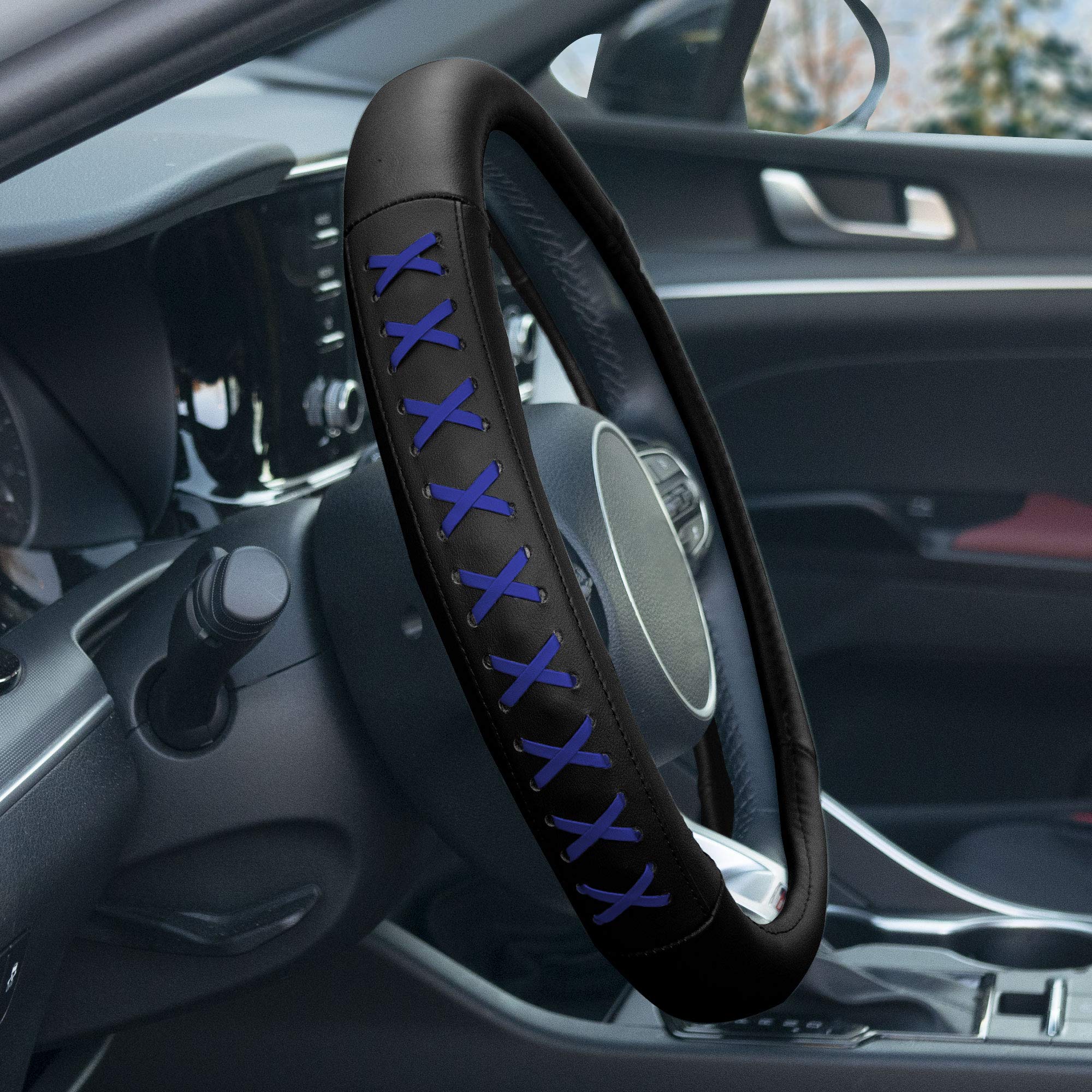 FH Group 15 Inch Genuine Leather with Lace-Up Detailing Steering Wheel Cover fits Most Cars, SUVs Blue