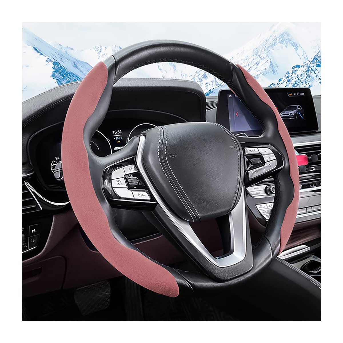 Car Steering Wheel Cover, Microfiber Suede Leather and Carbon Fiber Double Sided Design, Warm in Winter and Cool in Summer, Breathable Non Slip Segmented Protector for Most Cars (Turn Fur/Pink)