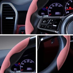 Car Steering Wheel Cover, Microfiber Suede Leather and Carbon Fiber Double Sided Design, Warm in Winter and Cool in Summer, Breathable Non Slip Segmented Protector for Most Cars (Turn Fur/Pink)