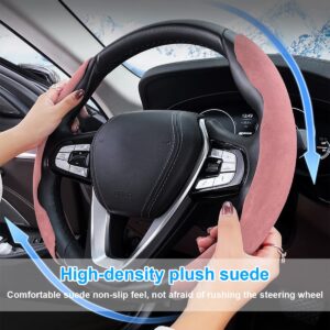 Car Steering Wheel Cover, Microfiber Suede Leather and Carbon Fiber Double Sided Design, Warm in Winter and Cool in Summer, Breathable Non Slip Segmented Protector for Most Cars (Turn Fur/Pink)