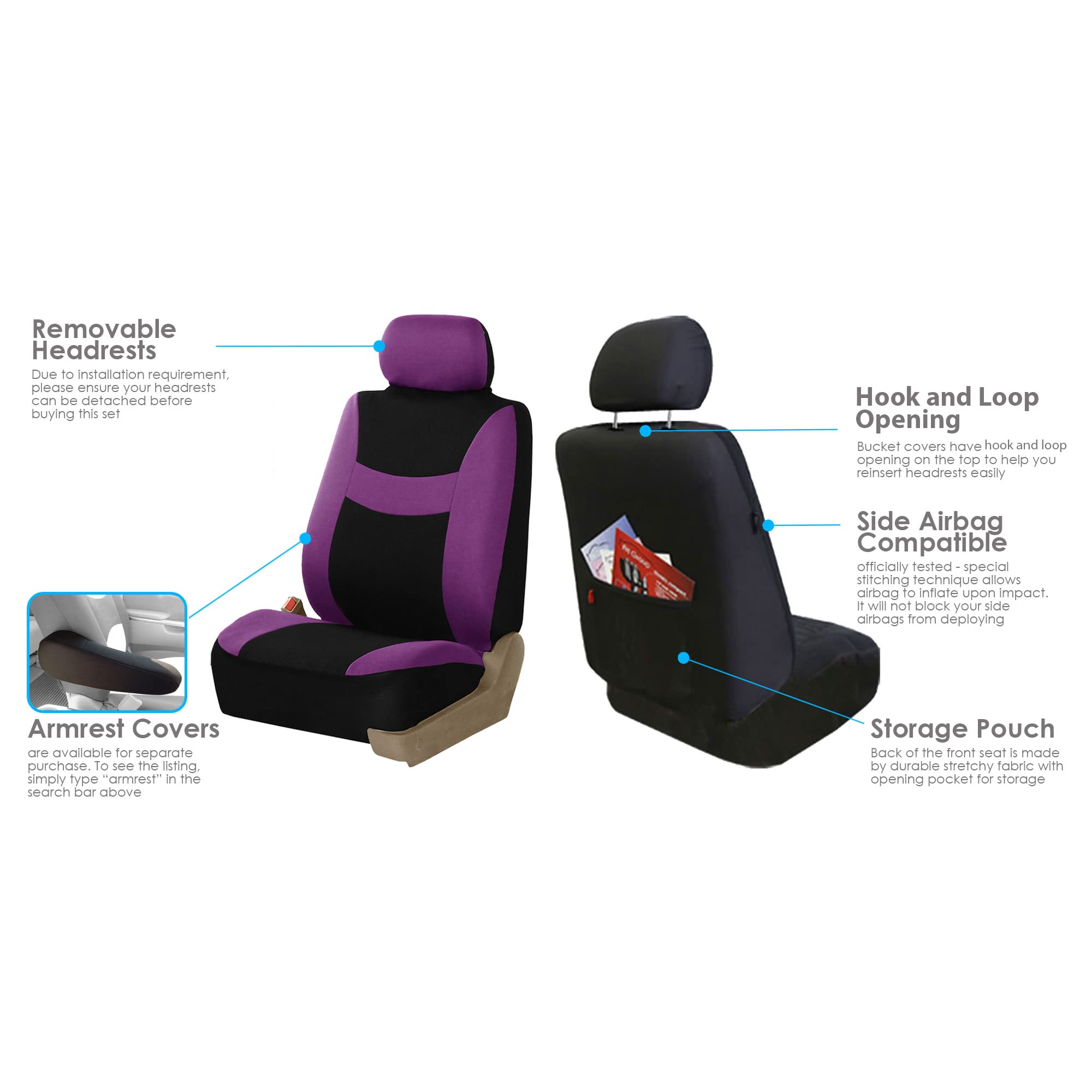 FH Group Car Seat Covers Front Set and Rear Split Function with Steering Wheel Cover and Seat Belt Pads Combo Set Purple Seat Covers– Interior Accessories Universal Fit for Cars Trucks & SUVs