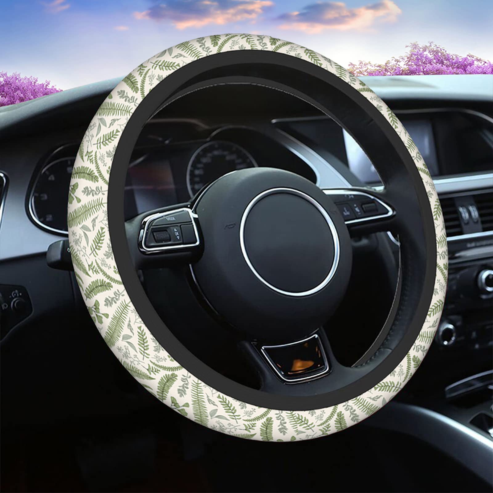 Swono Leaves Green Universal 15" Steering Wheel Covers Green Leaves and Fern Plants Cute Car Steering Wheel Cover for Men Women Girls Car Accessories