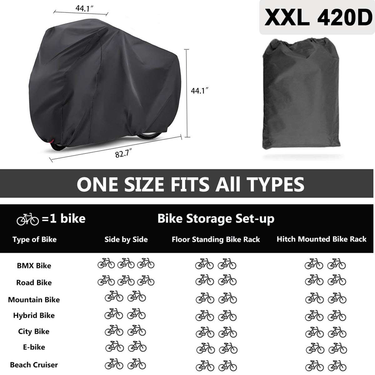 EUGO Bike Cover for 2 or 3 Bikes Outdoor Waterproof Bicycle Motorcycle Covers XL XXL Oxford Fabric Rain Sun UV Dust Wind Proof for Mountain Road Electric Bike (Black-210D-XL for 2 Bikes)