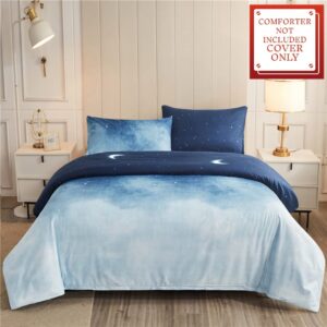 BLUENIGHT Lightweight Hotel Luxury Duvet Cover 3 Piece Set -Gradual Change Blue Starry Sky Whit Moon Ultra Soft Premium Microfiber Breathable Comforter Cover, Corner Ties Full/Queen (90x90 inches)