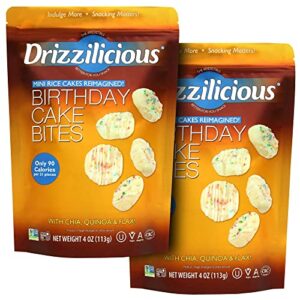 drizzilicious mini rice cakes birthday cake - rice crisps, healthy snack for adults and kids, flavored rice cakes, vegan, gluten free, allergen free, only 90 calories per serving - 4 oz (pack of 2)