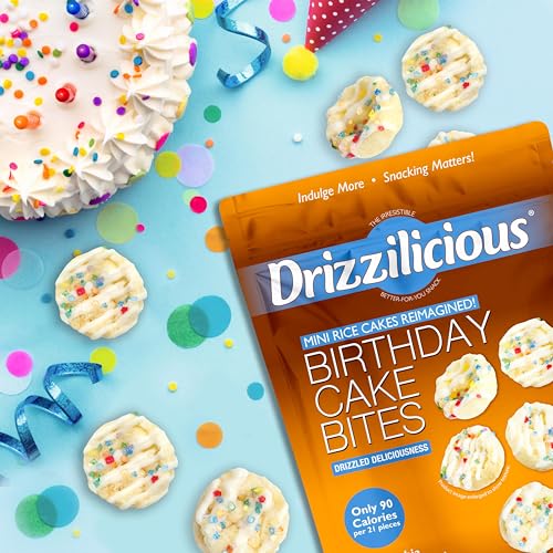 Drizzilicious Mini Rice Cakes Birthday Cake - Rice Crisps, Healthy Snack for Adults and Kids, Flavored Rice Cakes, Vegan, Gluten Free, Allergen Free, Only 90 Calories Per Serving - 4 oz (Pack of 2)