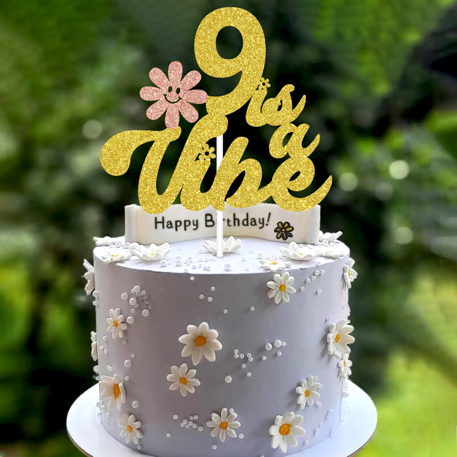 Happy 9th Birthday Cake Topper, 9 is a Vibe, Cheers to 9 Years, Glittery Groovy Daisy 9th Birthday Party Decorations Supplies