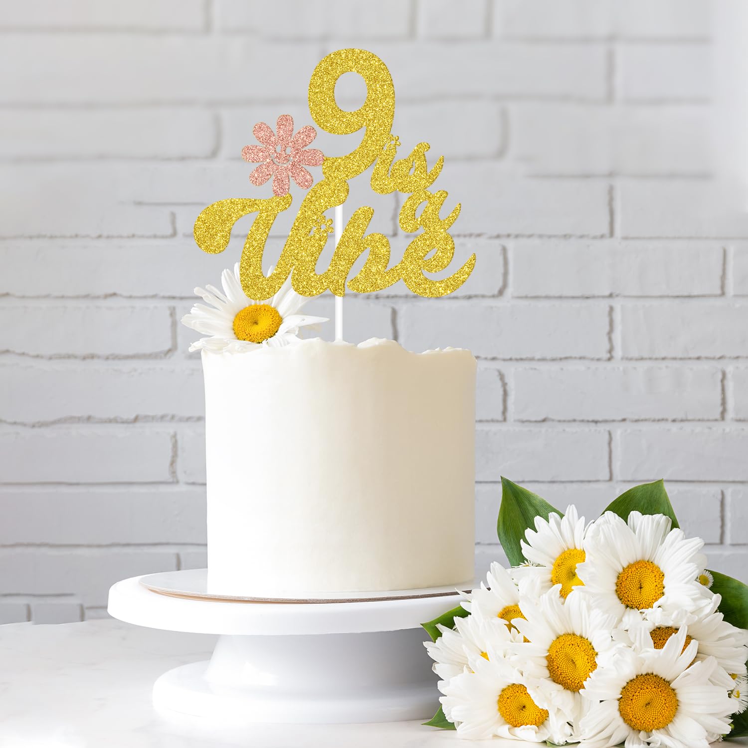 Happy 9th Birthday Cake Topper, 9 is a Vibe, Cheers to 9 Years, Glittery Groovy Daisy 9th Birthday Party Decorations Supplies