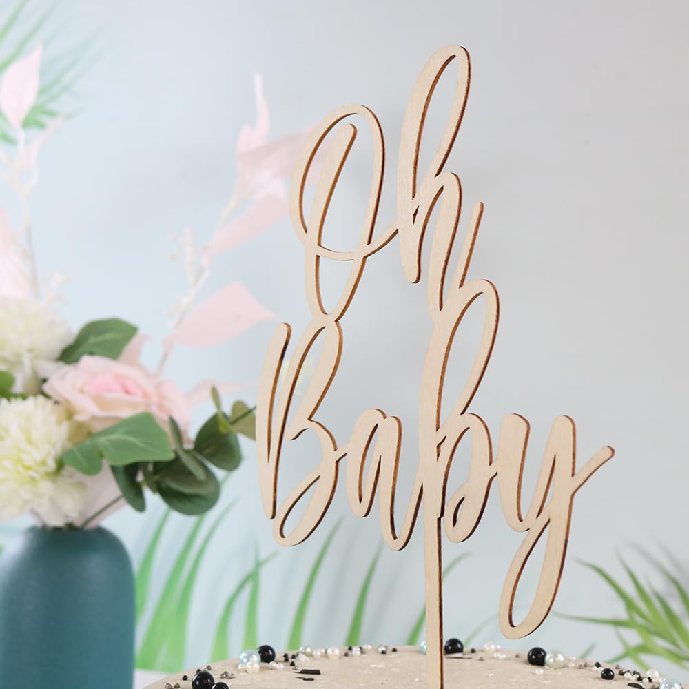 PALASASA Oh Baby Cake Topper - Large size Wooden Baby Shower Cake Topper,For Rustic Theme Gender Reveal Party/Baby Booth Props Party Photo Decorations (5.9in*10in)