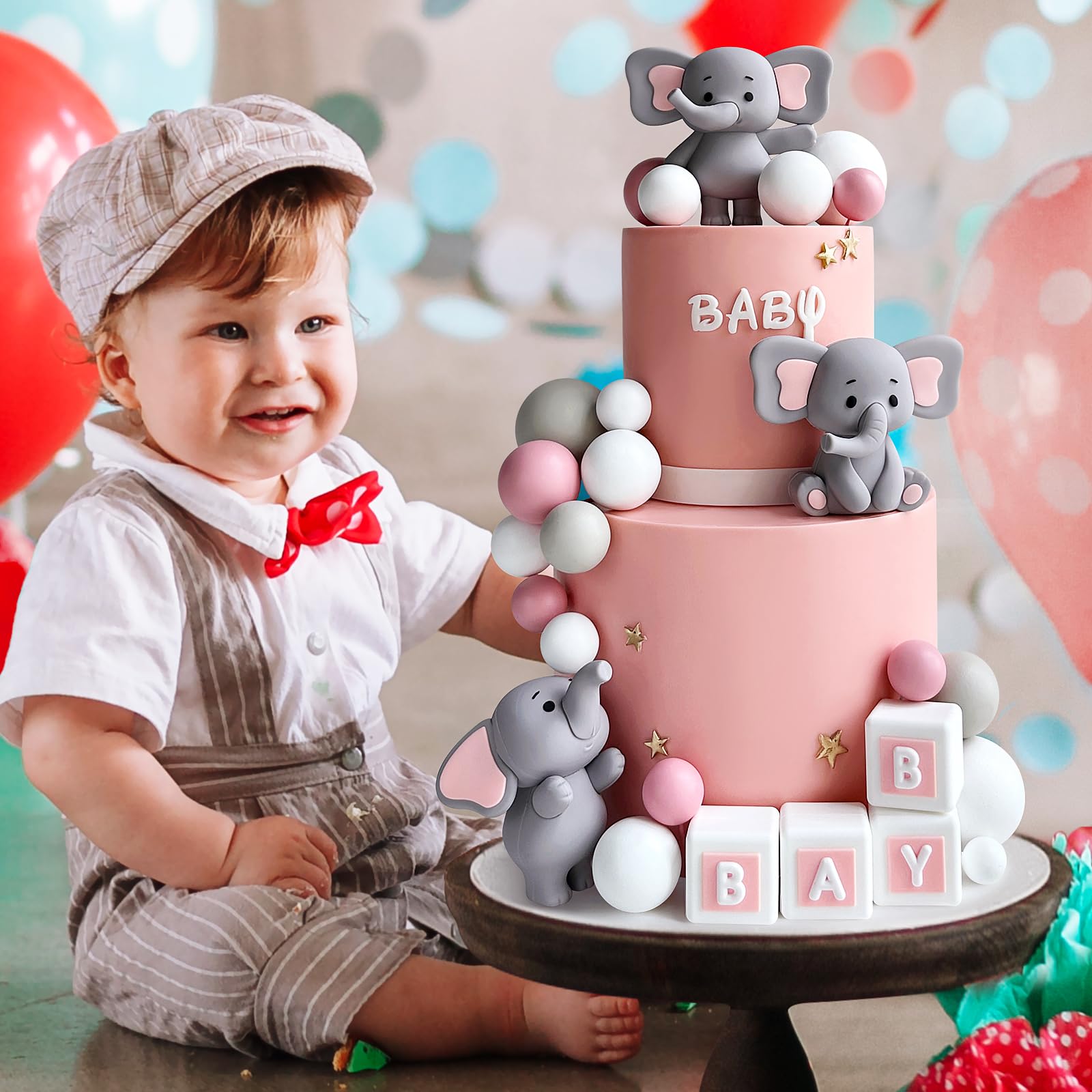 28 Pcs Elephant Cake Toppers Balls Cake Decorations DIY Cake Topper for Boy Girl Baby Shower Birthday Party Decorations (Pink)