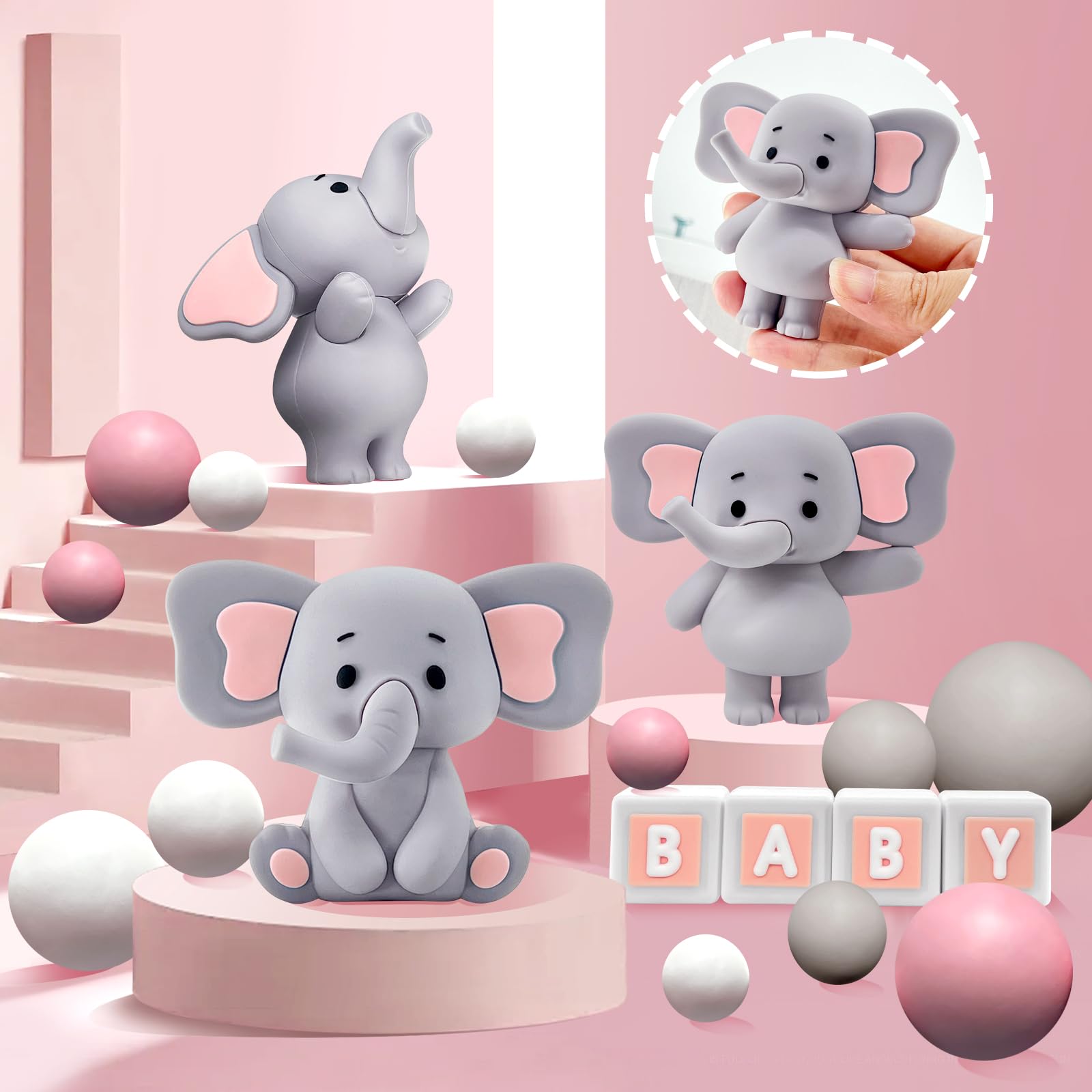 28 Pcs Elephant Cake Toppers Balls Cake Decorations DIY Cake Topper for Boy Girl Baby Shower Birthday Party Decorations (Pink)