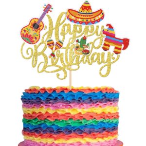 1 pack happy birthday fiesta cake topper guitar cactus donkey rackets pepper cake pick for mexican fiesta theme baby shower birthday party cake decorations supplies gold