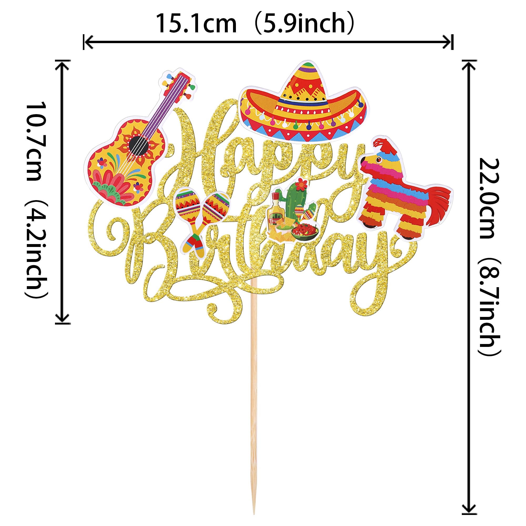 1 Pack Happy Birthday Fiesta Cake Topper Guitar Cactus Donkey Rackets Pepper Cake Pick for Mexican Fiesta Theme Baby Shower Birthday Party Cake Decorations Supplies Gold