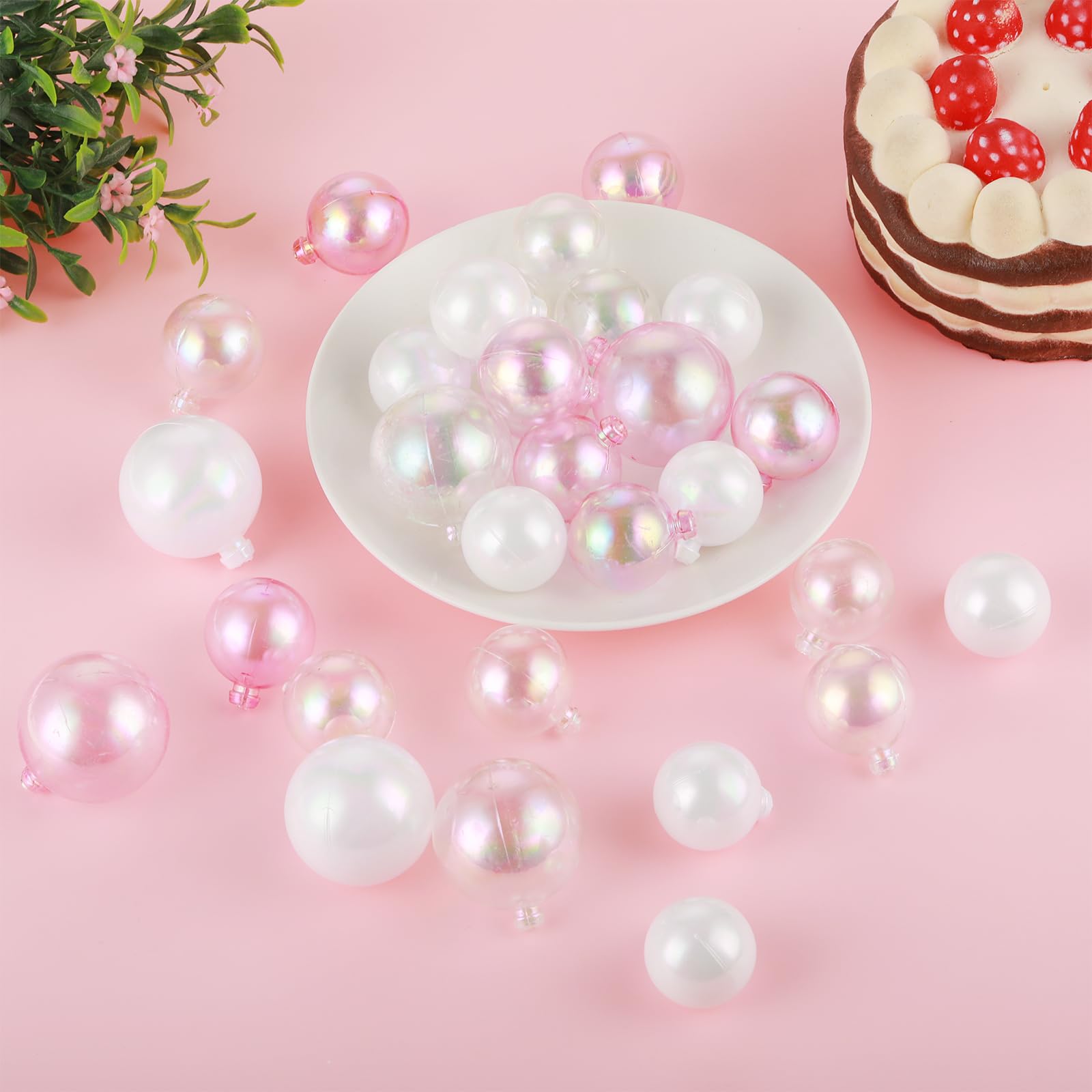 30Pcs Mini Colorful Bubble Cake Decorations Iridescent Cake Balls Bubble Balls Clear Balls Cake Toppers Balloon Cake Balls Decoration for Wedding Anniversary Birthday Party Supplies(Clear Pink White)