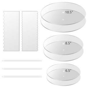 boyun acrylic round cake disk set,acrylic cake discs set,comb scrapers,dowel rods,icing scraper,acrylic scraper smoother for 3 tier cakes (6.5" + 8.5" + 10.5")