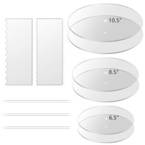 Boyun Acrylic Round Cake Disk Set,Acrylic Cake Discs Set,Comb Scrapers,Dowel Rods,Icing Scraper,Acrylic Scraper Smoother for 3 Tier Cakes (6.5" + 8.5" + 10.5")