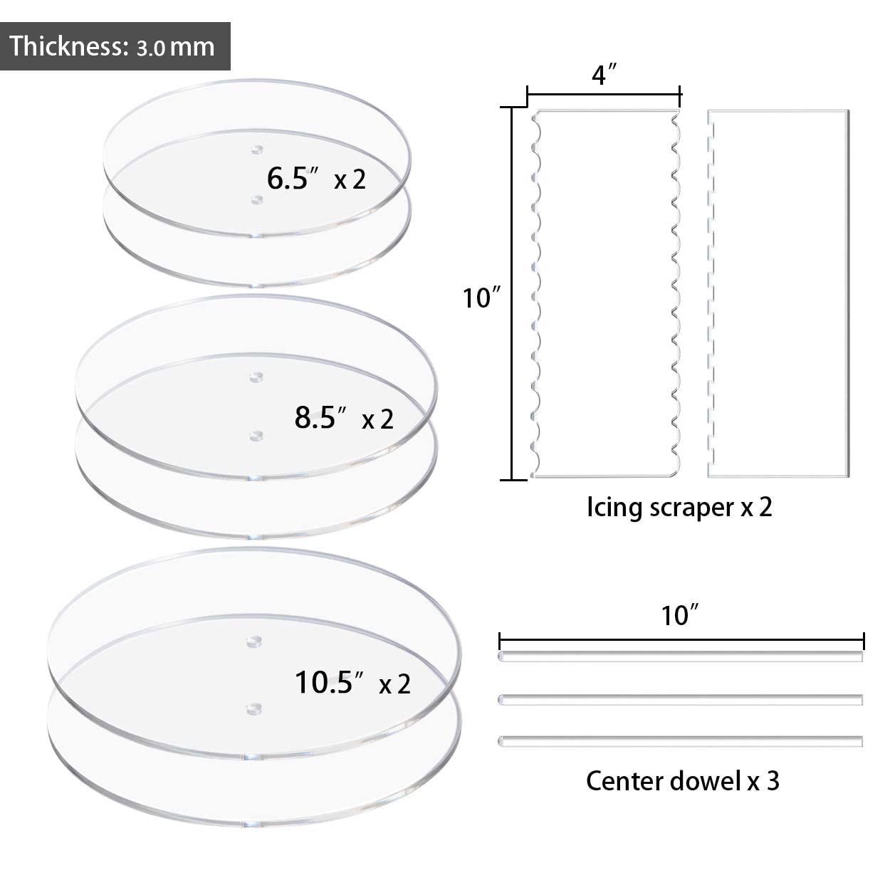 Boyun Acrylic Round Cake Disk Set,Acrylic Cake Discs Set,Comb Scrapers,Dowel Rods,Icing Scraper,Acrylic Scraper Smoother for 3 Tier Cakes (6.5" + 8.5" + 10.5")