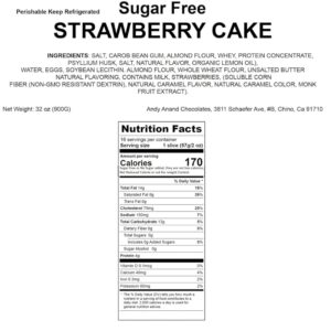 Andy Anand's Sugar Free Strawberry Cake 9" Slowly Savor for an Amazing Experience with a Luxuriously Creamy feel. Delicious Lightly Sweetened with Monk Sugar (2 lbs)