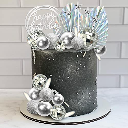 Disco Balls Cake Toppers Mirror Balls with Boho Stars Cake Decorations for 70s 80s Disco Dance Party Saturday Night Fever Supplies (Silver)