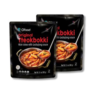 o'food original tteokbokki, gluten-free korean rice cakes, authentic spicy korean street food snack, perfect with cheese and ramen noodles, ready to eat, no msg, no corn syrup, pack of 2