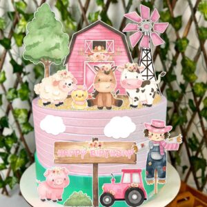 Pink Farm Cake Toppers for Farm Animals Birthday Decoration 14 Pcs Farm Animals Cake Becorations Birthday Party Supplies Cow Birthday Party Supplies