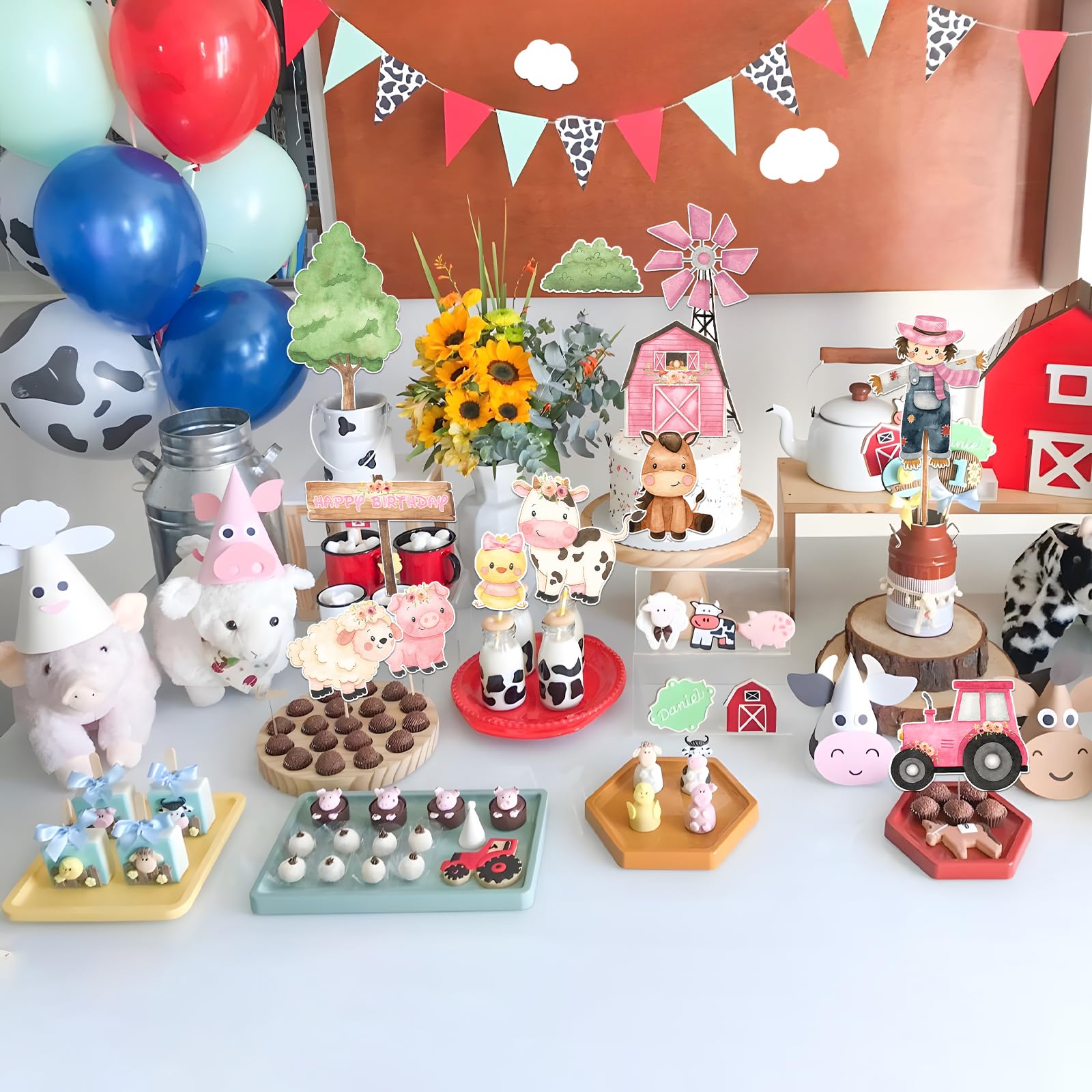 Pink Farm Cake Toppers for Farm Animals Birthday Decoration 14 Pcs Farm Animals Cake Becorations Birthday Party Supplies Cow Birthday Party Supplies