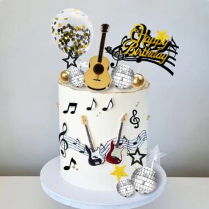 31 PCS Guitar Cake Toppers Music Notes Balls Cake Decorations for Musician Birthday Party Rock Theme Party (Black)