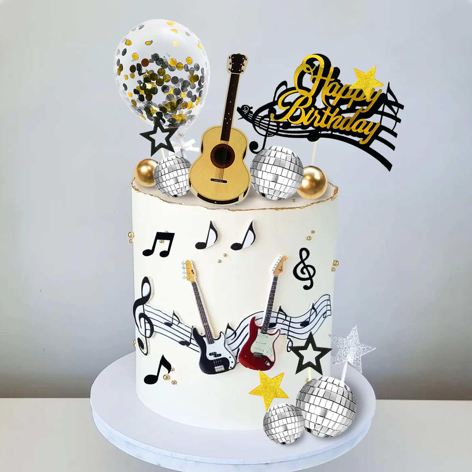 31 PCS Guitar Cake Toppers Music Notes Balls Cake Decorations for Musician Birthday Party Rock Theme Party (Black)