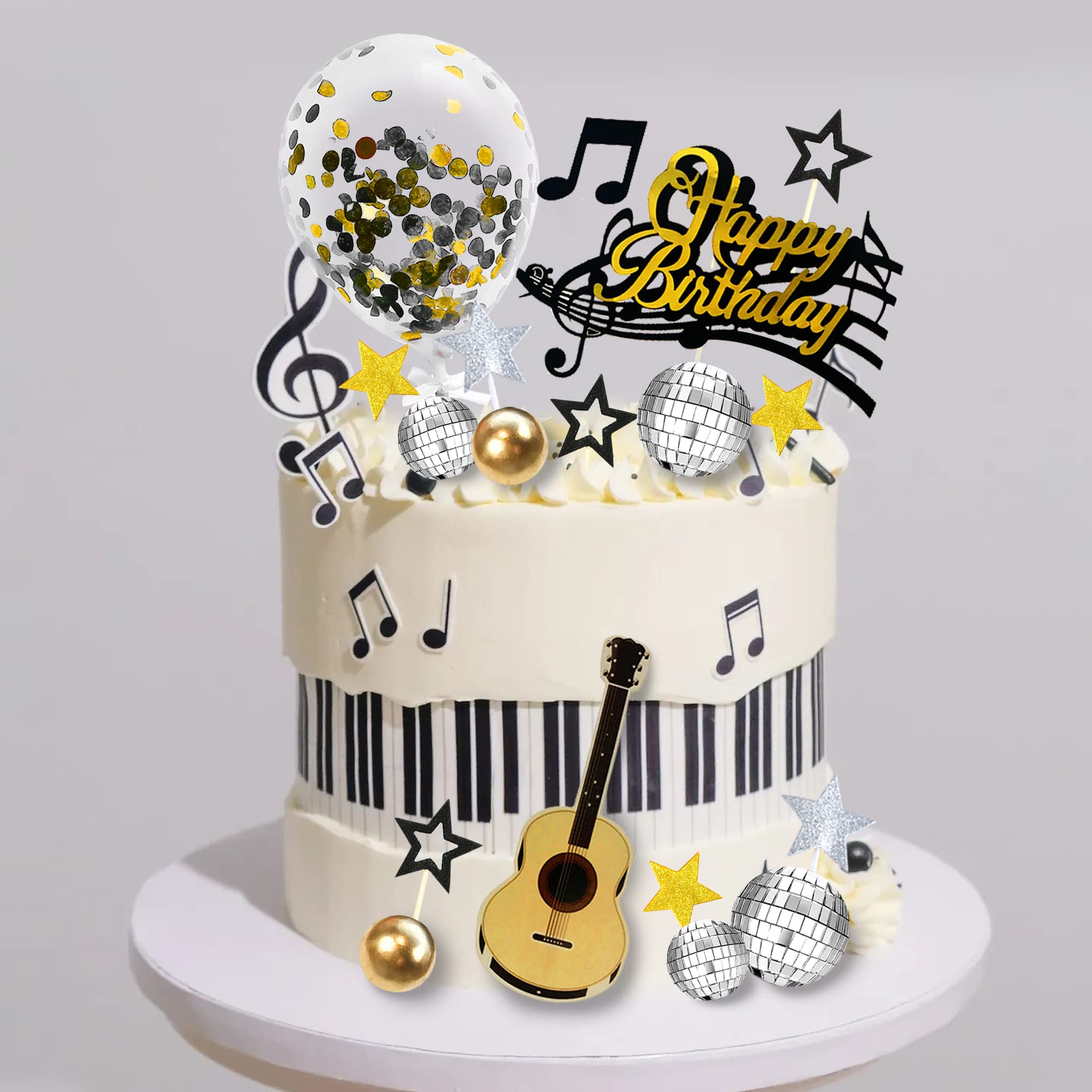 31 PCS Guitar Cake Toppers Music Notes Balls Cake Decorations for Musician Birthday Party Rock Theme Party (Black)