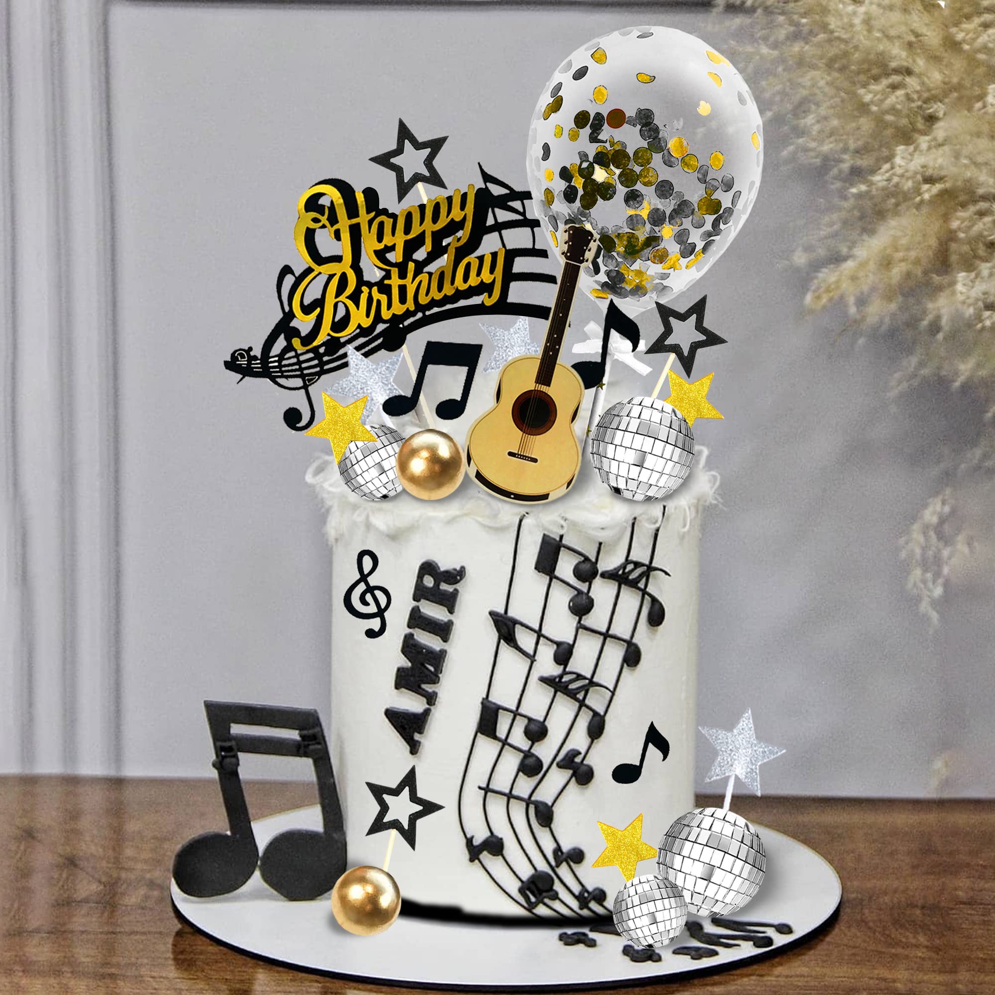 31 PCS Guitar Cake Toppers Music Notes Balls Cake Decorations for Musician Birthday Party Rock Theme Party (Black)